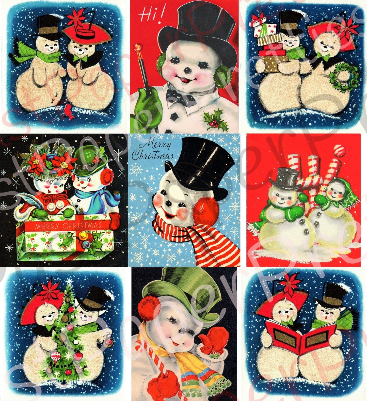 Vintage Printable Christmas Collage Sheet & Full Cards Snowman Faces Snow People PDF Instant Digital Kitsch Kawaii Snowmen 300 dpi