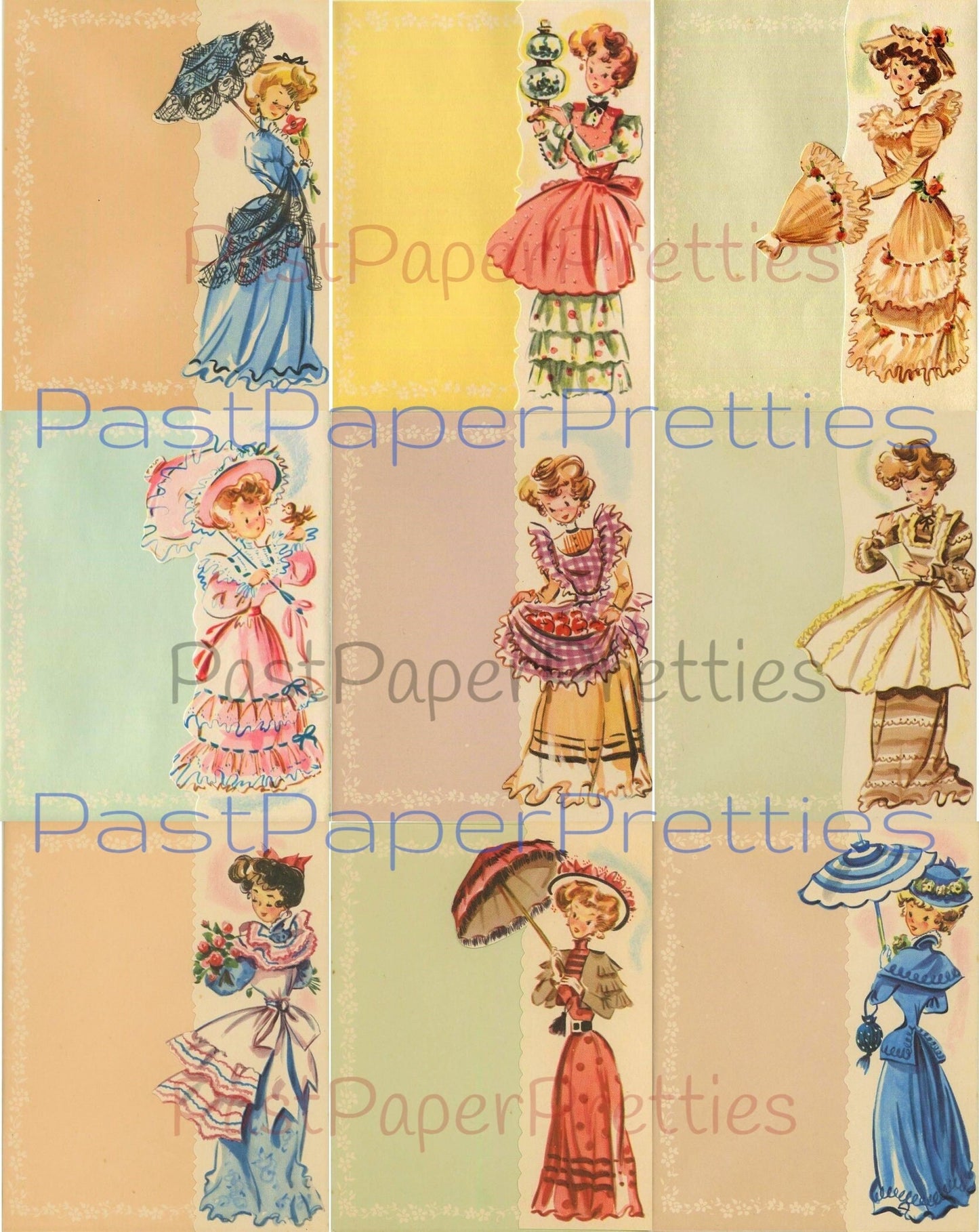 Vintage Pretty Victorian Ladies Printable Stationary Sheets Greeting Cards c. 1940s PDF Instant Digital Download 9 Designs