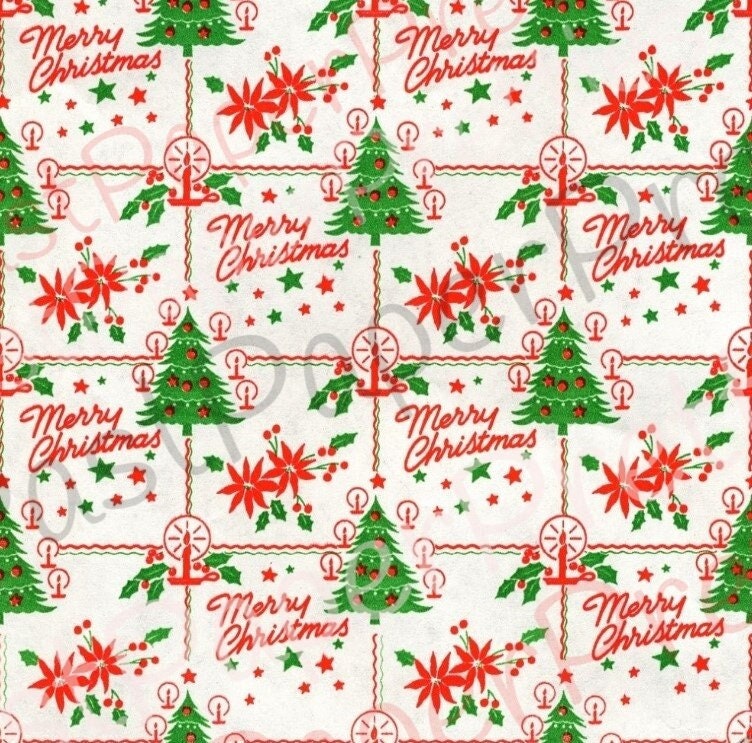 Vintage Printable Christmas Gift Wrap Retro 4 Pack Candy Cane Trees Candle Designs Instant Digital Download Holiday Wrapping Paper Images