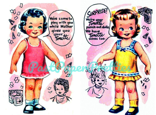 Vintage Paper Dolls Tiny Tonette Perm Punch-Out Dolls c. 1952 Printable PDF Instant Digital Download Cute Little Girls Toni Perm Box