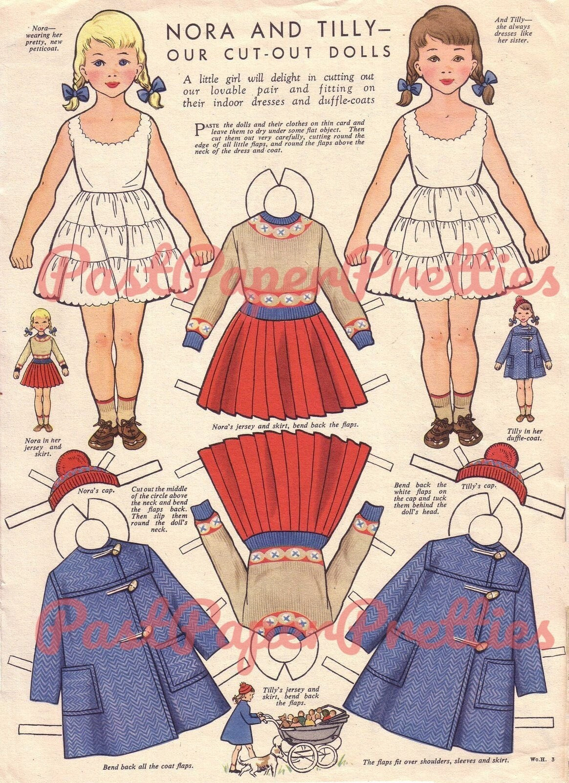 Vintage Paper Dolls Nora and Tilly Cute Girls Printable PDF Instant Digital Download 4 Sets Nurse Bedtime Play and Dress Clothes 1956