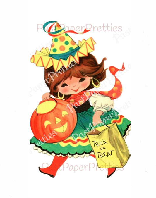 Vintage Printable Halloween Cute Trick or Treat Girl Image PDF Instant Digital Download DIY Print At Home Clipart 300 dpi