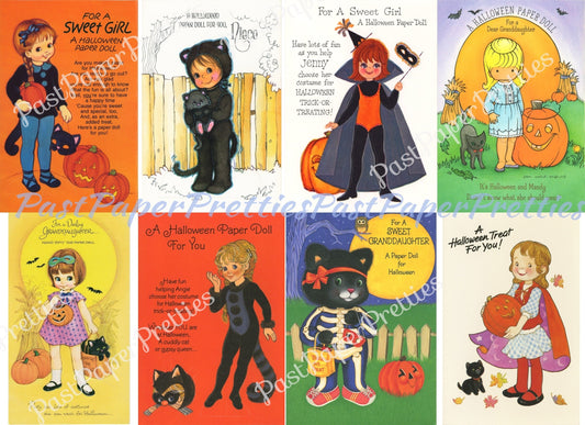 Vintage Halloween Paper Dolls Greeting Cards Adorable Little Girls Black Cat c. 1980s PDF Instant Digital Download Collection No. 1