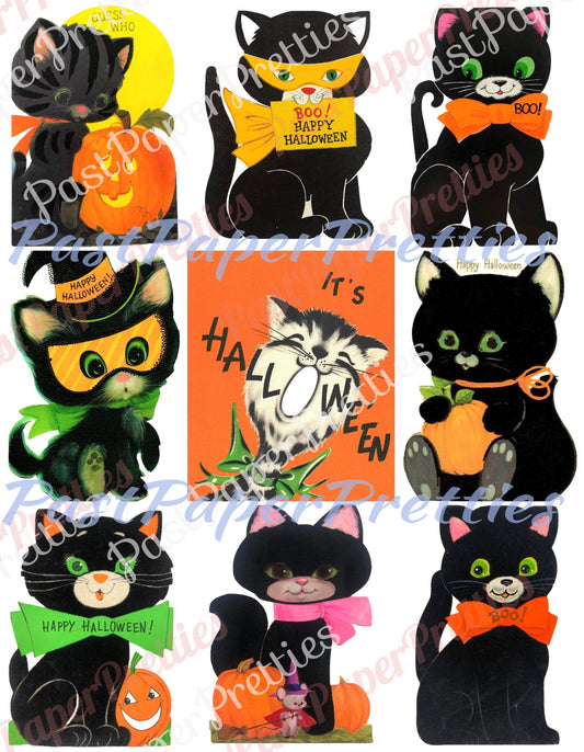 27 Vintage Cute Halloween Cats Collage Sheets & Full Card Images Printable PDF Instant Digital Download All Black Kitty Cat Clip Art