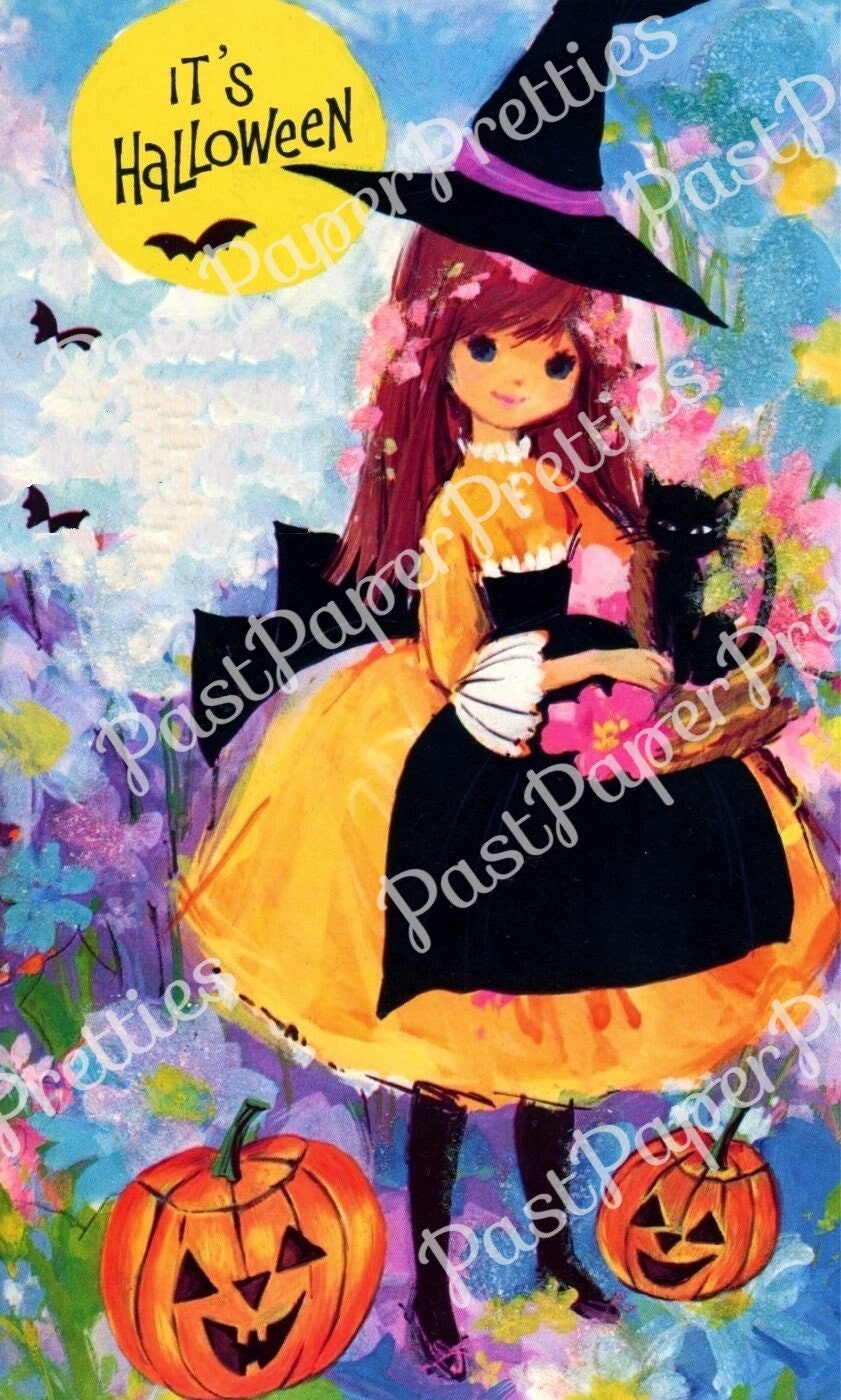 Vintage Printable Halloween Card Pretty Witch Girl Image c. 1980s Instant Digital Download Happy Halloween Clip Art 300 dpi