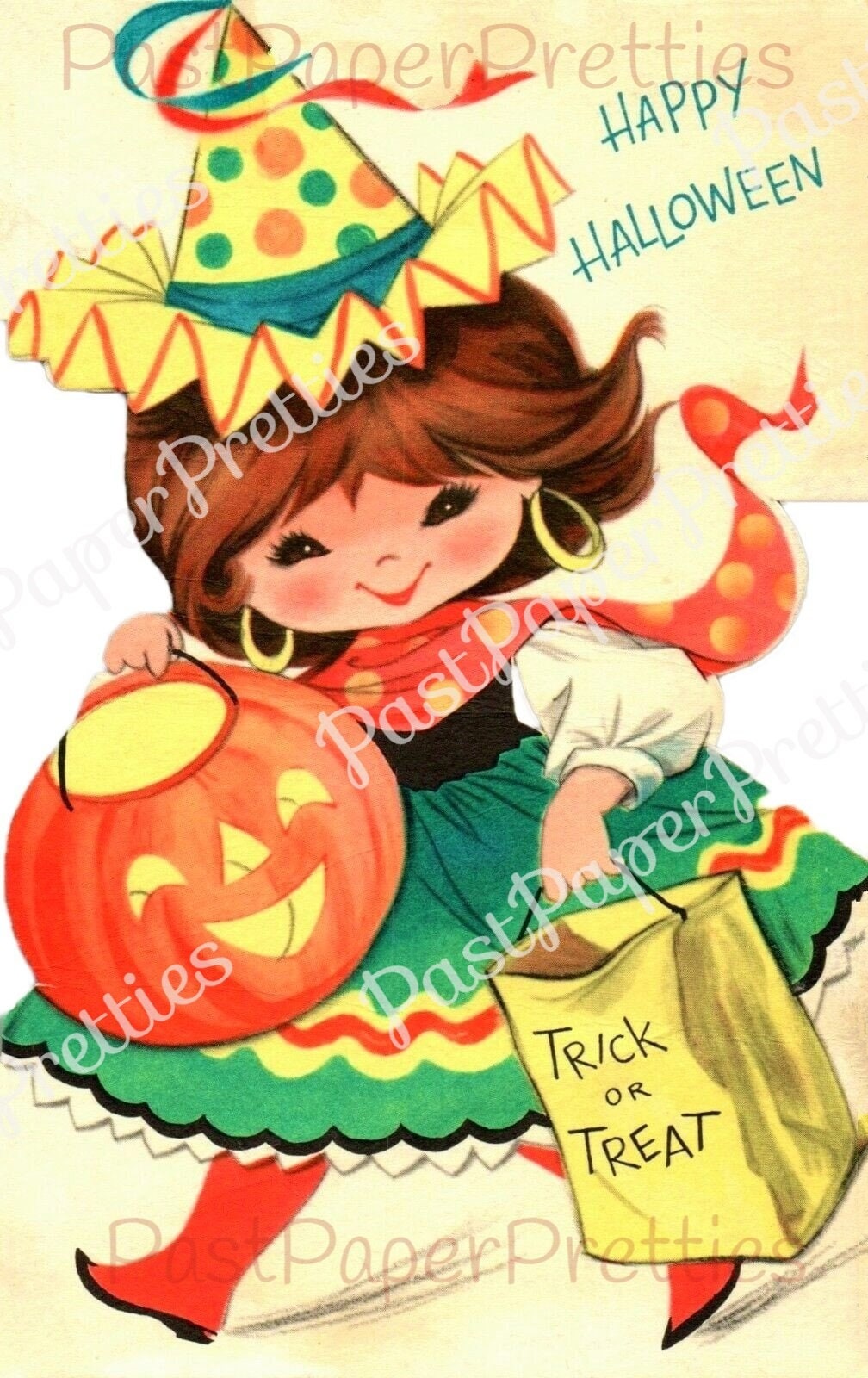 Vintage Printable Halloween Cute Trick or Treat Girl Image PDF Instant Digital Download DIY Print At Home Clipart 300 dpi