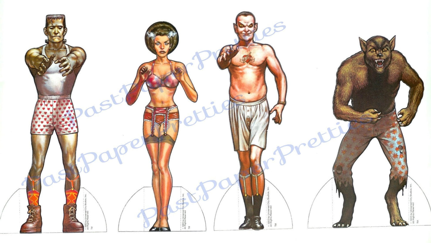 Vintage Monster Paper Dolls Set Printable Instant Digital Download Retro 80s Classic Movie Monsters Halloween 16 Pages PDF JPEGs