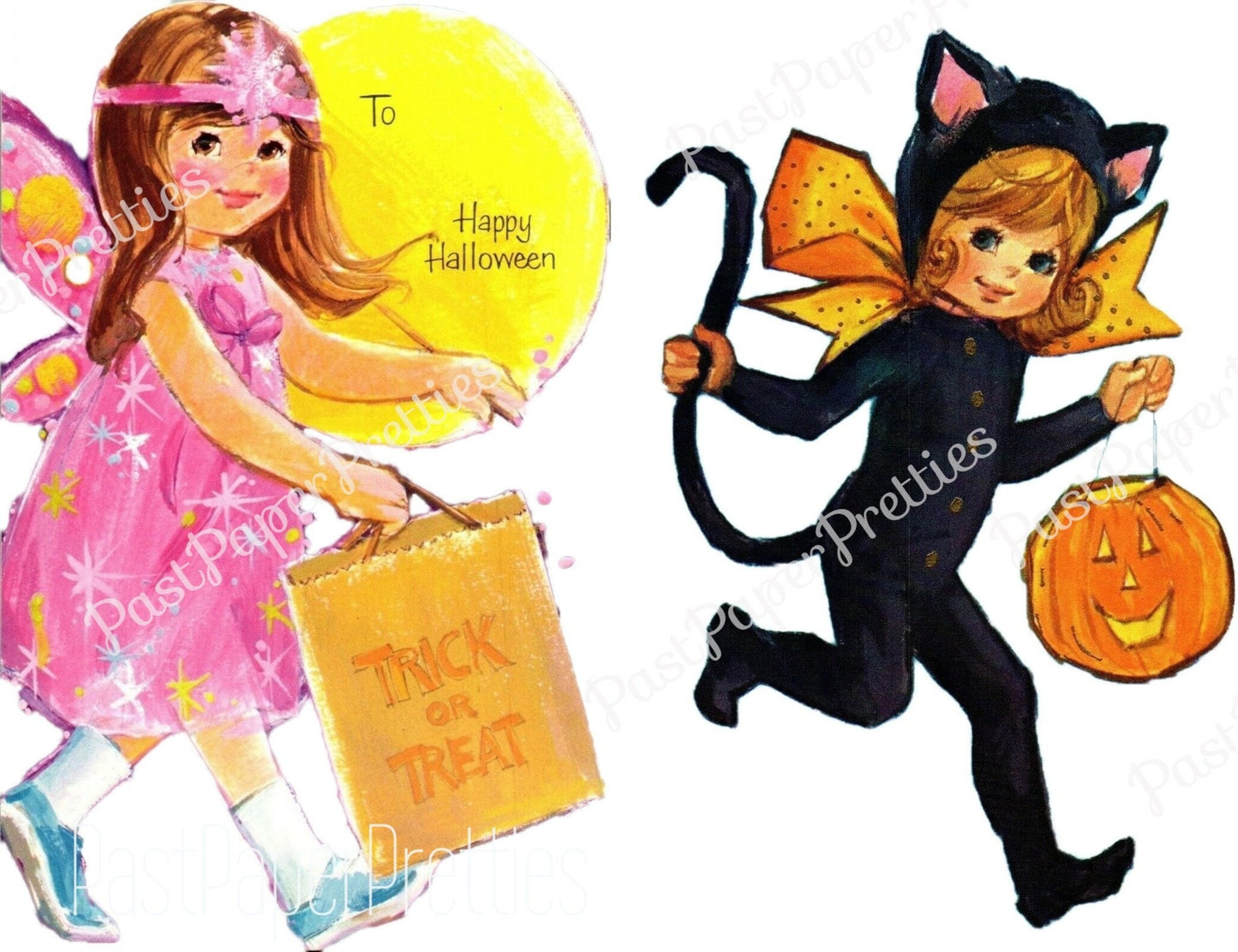 Vintage Printable Adorable Halloween Cards Little Girl Fairy Black Cat Witch Trick or Treaters Images PDF Instant Digital Download 300 dpi