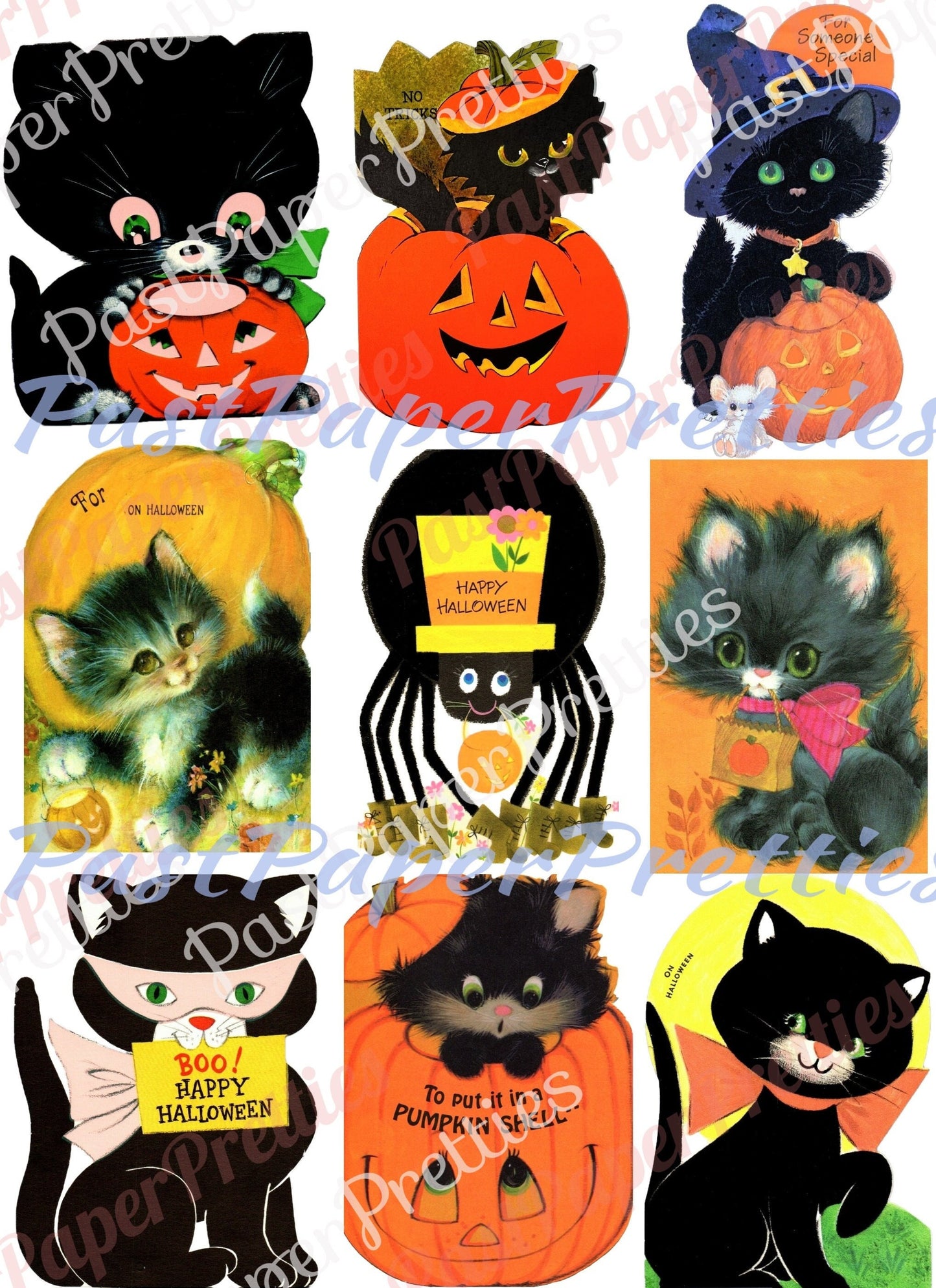 27 Vintage Cute Halloween Cats Collage Sheets & Full Card Images Printable PDF Instant Digital Download All Black Kitty Cat Clip Art