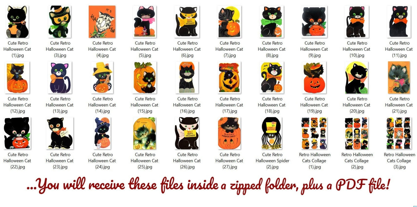 27 Vintage Cute Halloween Cats Collage Sheets & Full Card Images Printable PDF Instant Digital Download All Black Kitty Cat Clip Art