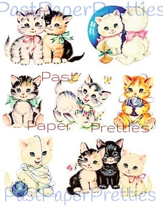 Vintage Retro Sweet Baby Kittens Printable Nursery Decals Images Collage Sheet Instant Digital Download Lot of 7 Cute Designs 1950s