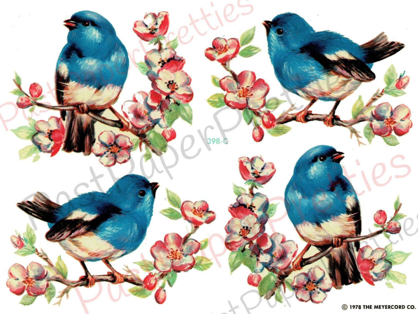 Vintage Retro Bluebirds Printable Images Nursery Decals Collage Sheet Clip Art Instant Digital Download 4 Cute Blue Birds on Blossom Branch