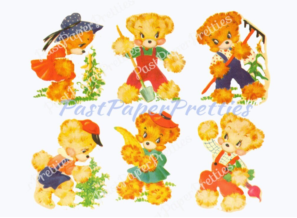 Vintage Retro Nursery Cute Country Bears Printable Decals Images Collage Sheet Instant Digital Download 6 Cute Kitsch Teddy Bears 1960s