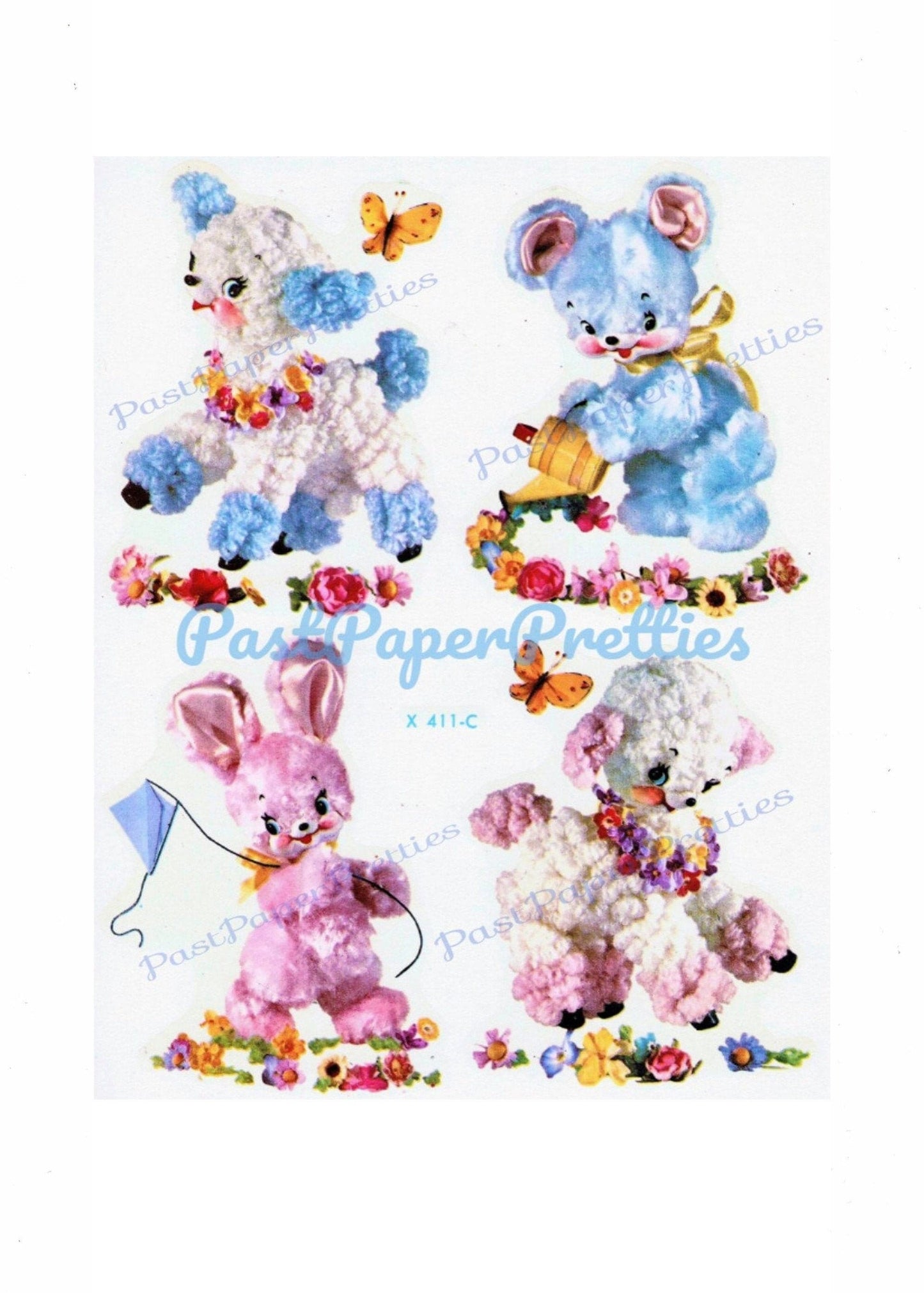 Vintage Retro Nursery Baby Fluffy Bear Bunny Lambs Decals Images Collage Sheet Instant Digital Download Cute Kitsch Animals Flowers 1950s