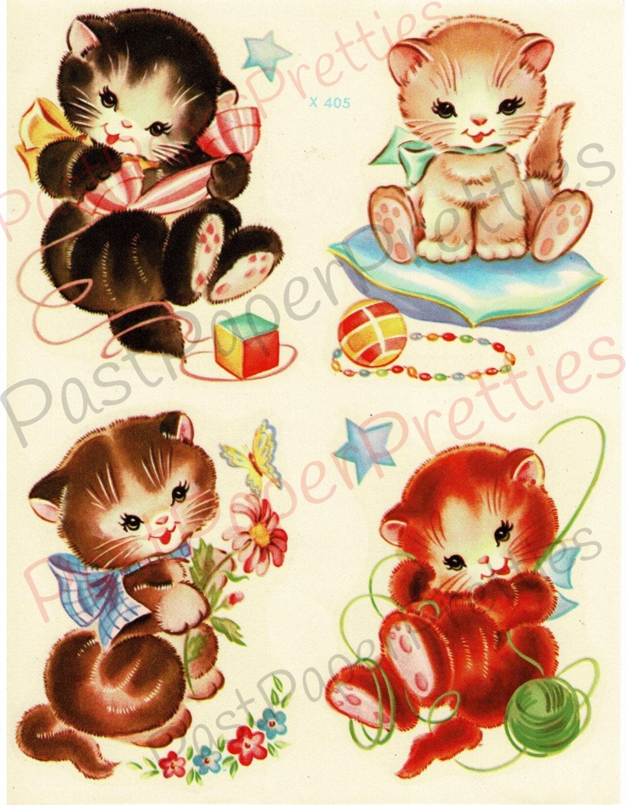 Vintage Retro Nursery Baby Kittens Printable Decals Images Collage Sheet Instant Digital Download Lot of 4 Cute Kitsch Kitty Cats 1950s