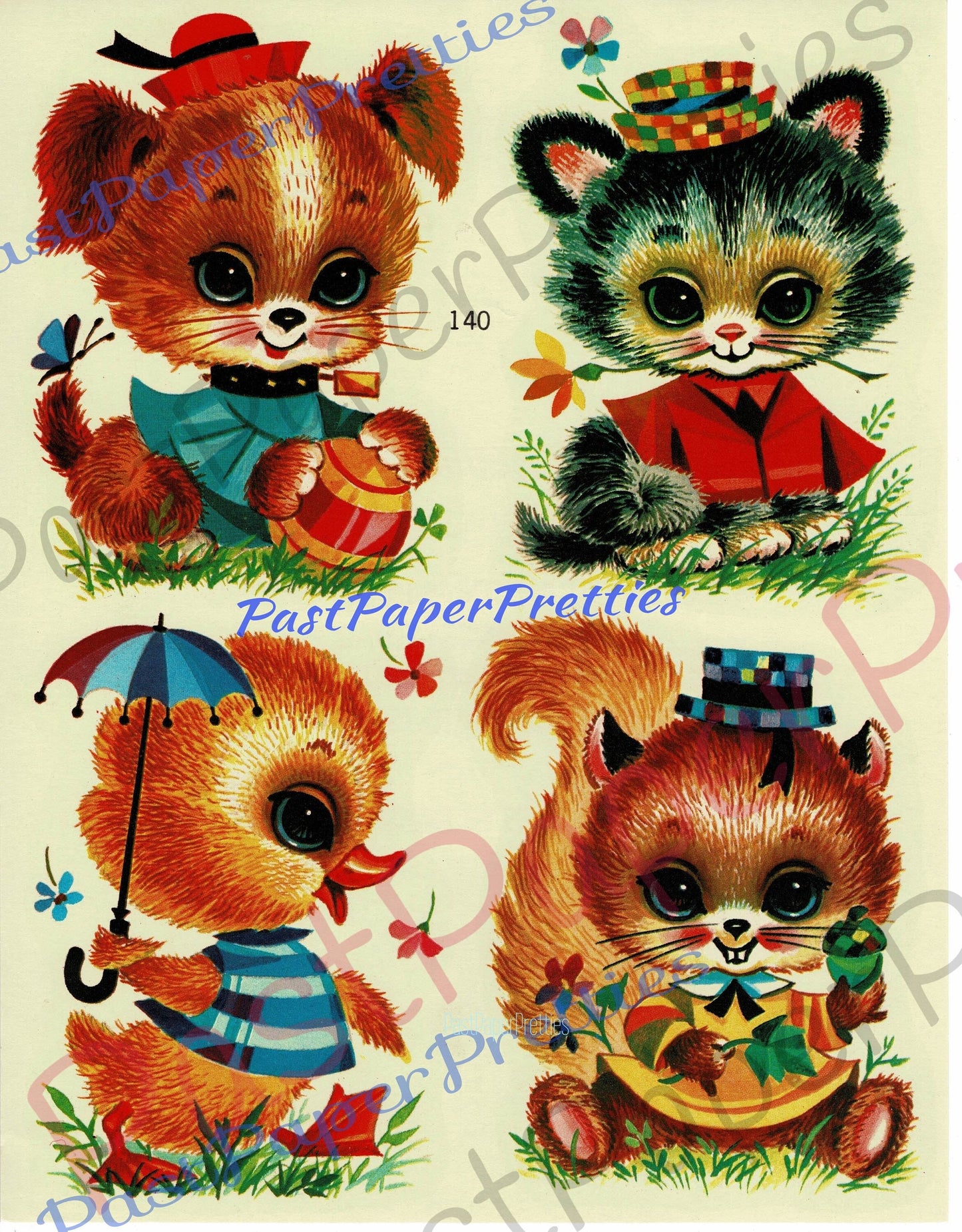 Vintage Retro 1970s Cute Baby Animals Printable Nursery Decals Images Collage Sheet Instant Digital Download Puppy Kitten Duckling Squirrel