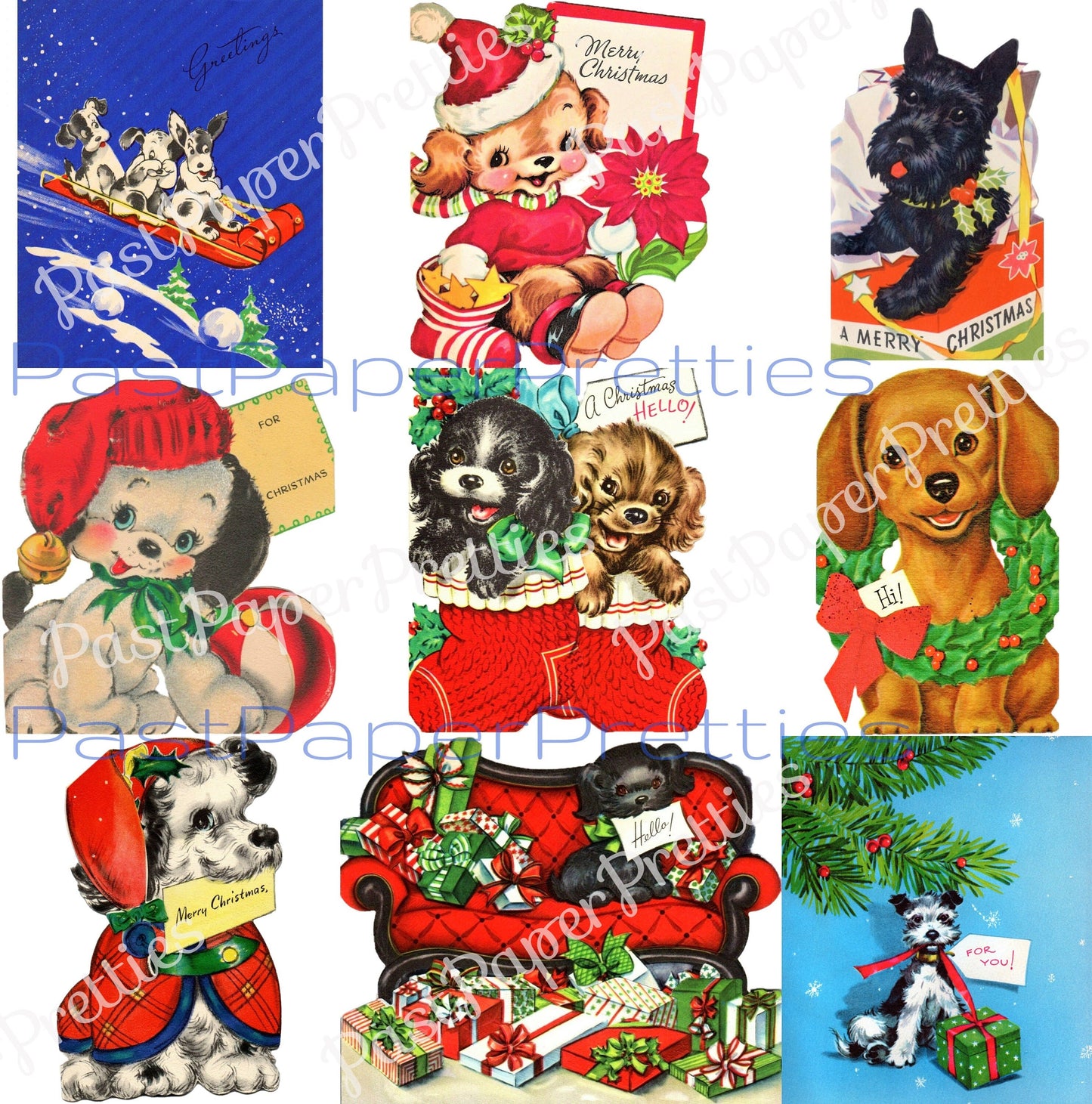 Vintage Printable Puppy Dog Christmas Collage Sheets & Cards Cute Retro Holiday Dogs Images PDF Instant Digital Download Puppies Clipart