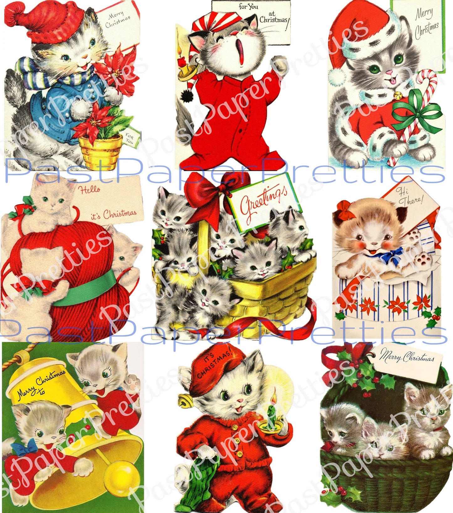 Vintage Printable Kitty Cat Christmas Collage Sheets & Full Cards ALL Cute Holiday Cats Images PDF Instant Digital Download Kitten Clipart