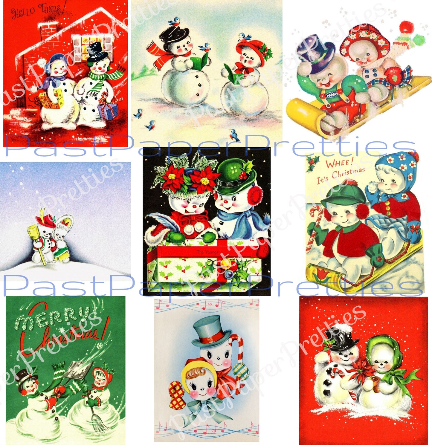 54 Vintage Printable Christmas Snowman Collage Sheets & Full Cards Snow Couples Snow People in Love PDF Instant Digital Kitsch Cute Snowmen