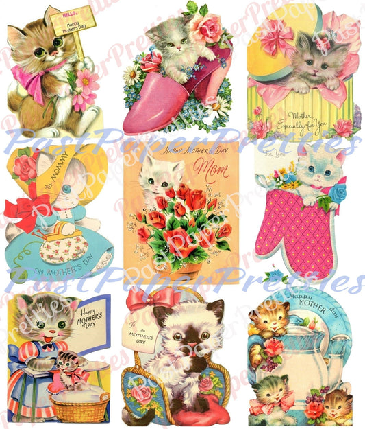 Vintage Printable Kitty Cats Happy Mothers Day Collage Sheets Card Images PDF Instant Digital Download ALL Cute Kitties Clip Art ATC Size