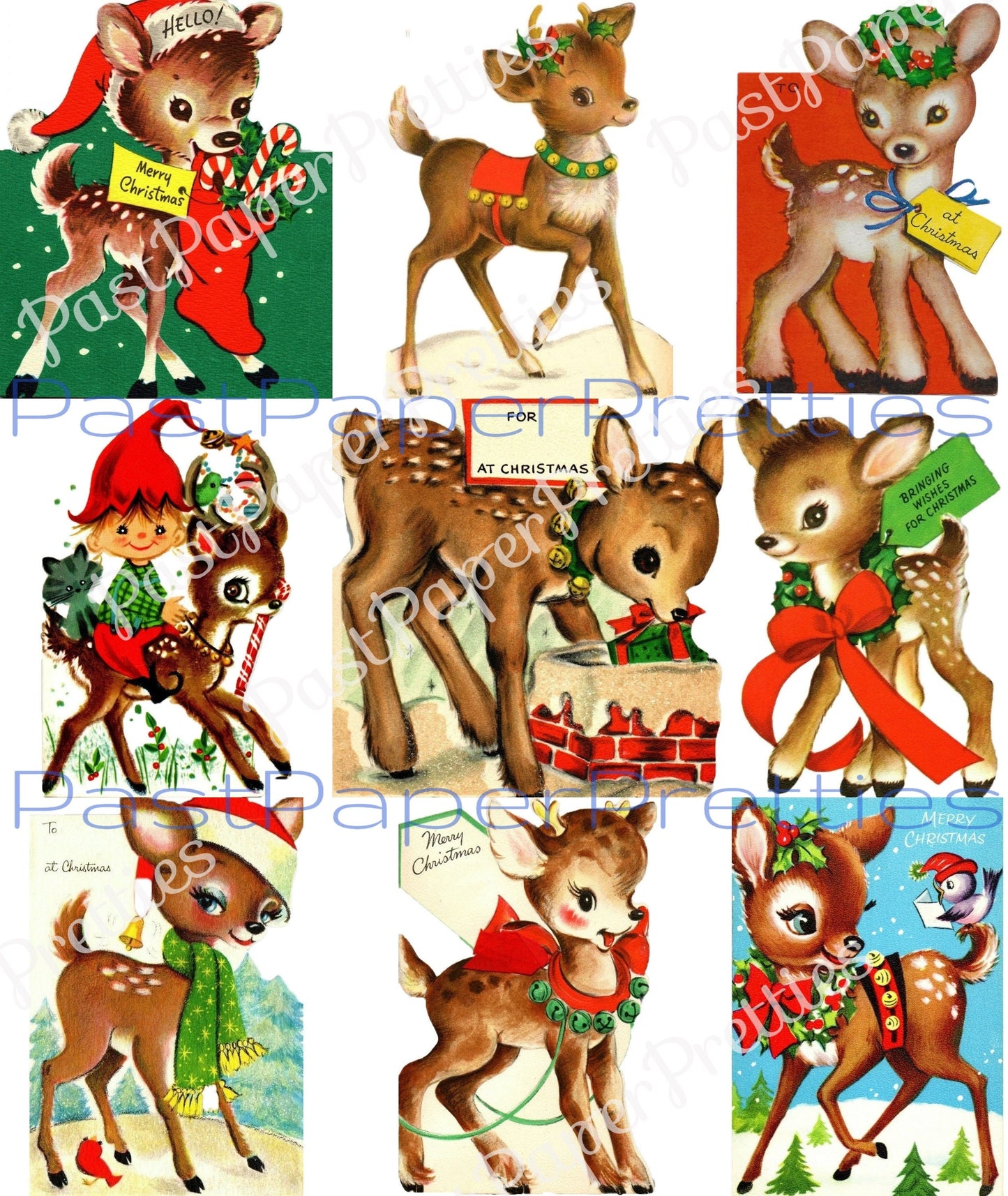 Vintage Printable Christmas Retro Reindeer Collage Sheet & Full Cards PDF Instant Digital Kitsch Kawaii Deer Holiday Animals Clipart 300 dpi