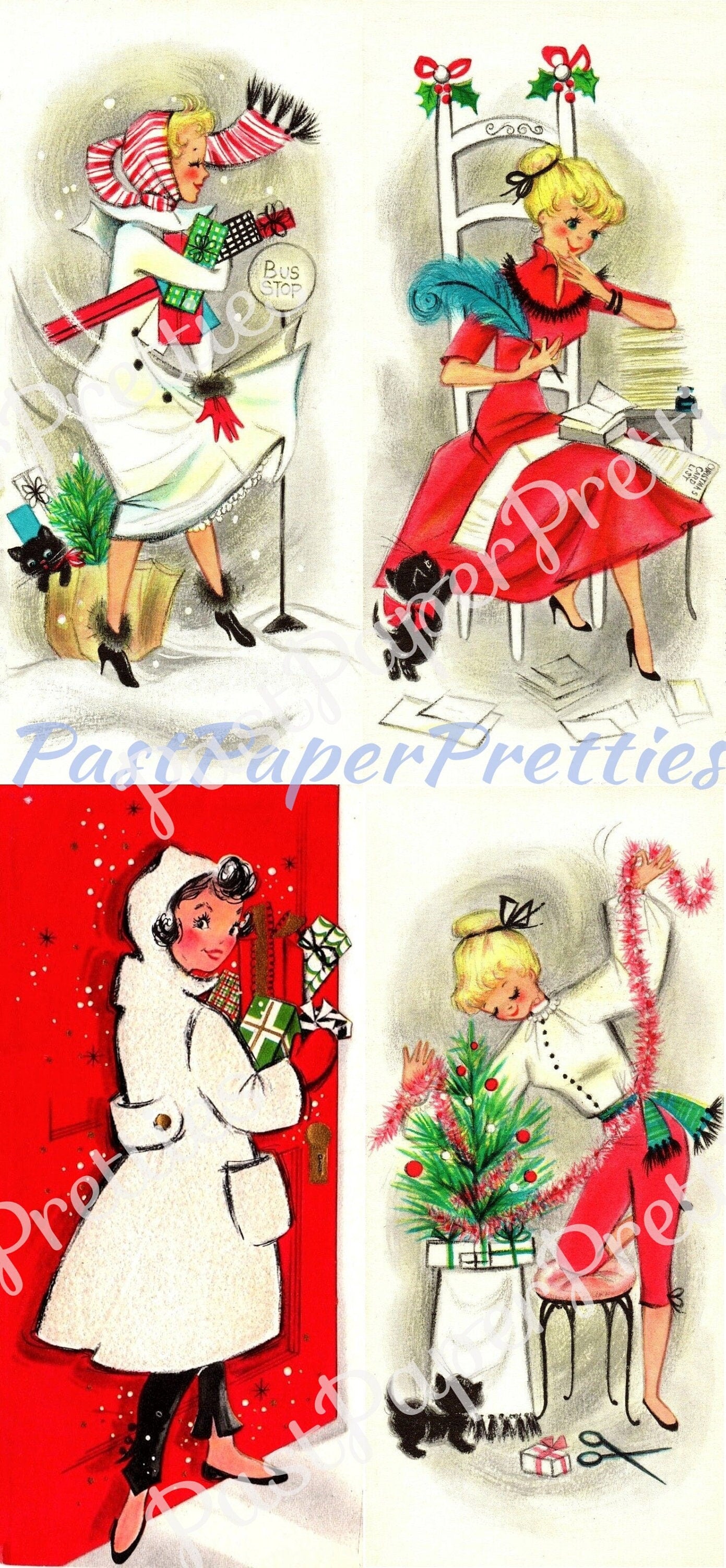 Vintage Printable Holiday Housewives Christmas Card Images Pretty Mid Century Ladies Retro Housewife PDF Instant Digital Download SET THREE