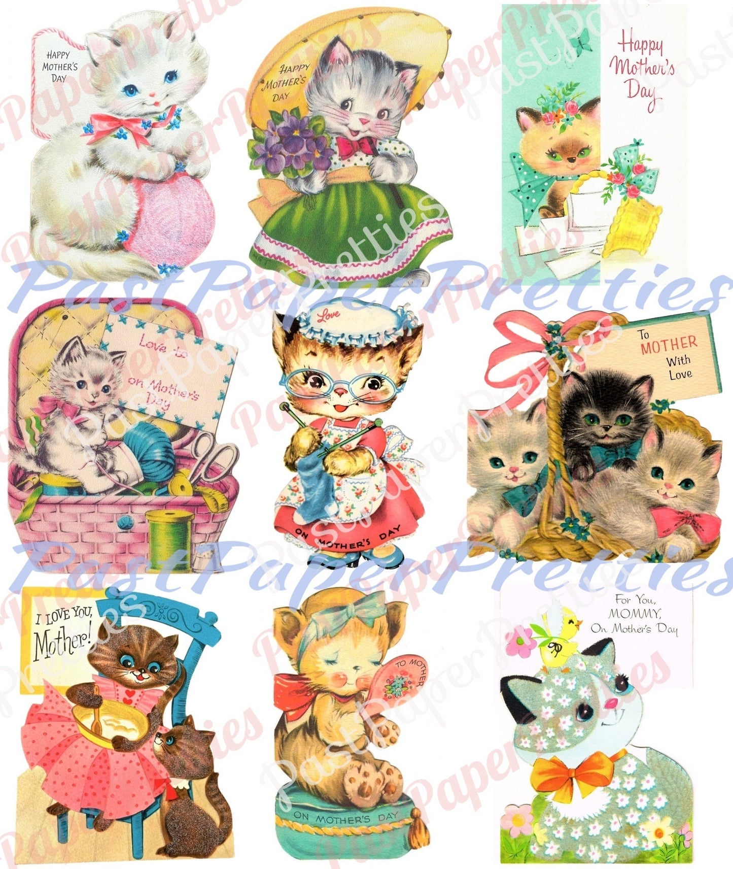 Vintage Printable Kitty Cats Happy Mothers Day Collage Sheets Card Images PDF Instant Digital Download ALL Cute Kitties Clip Art ATC Size