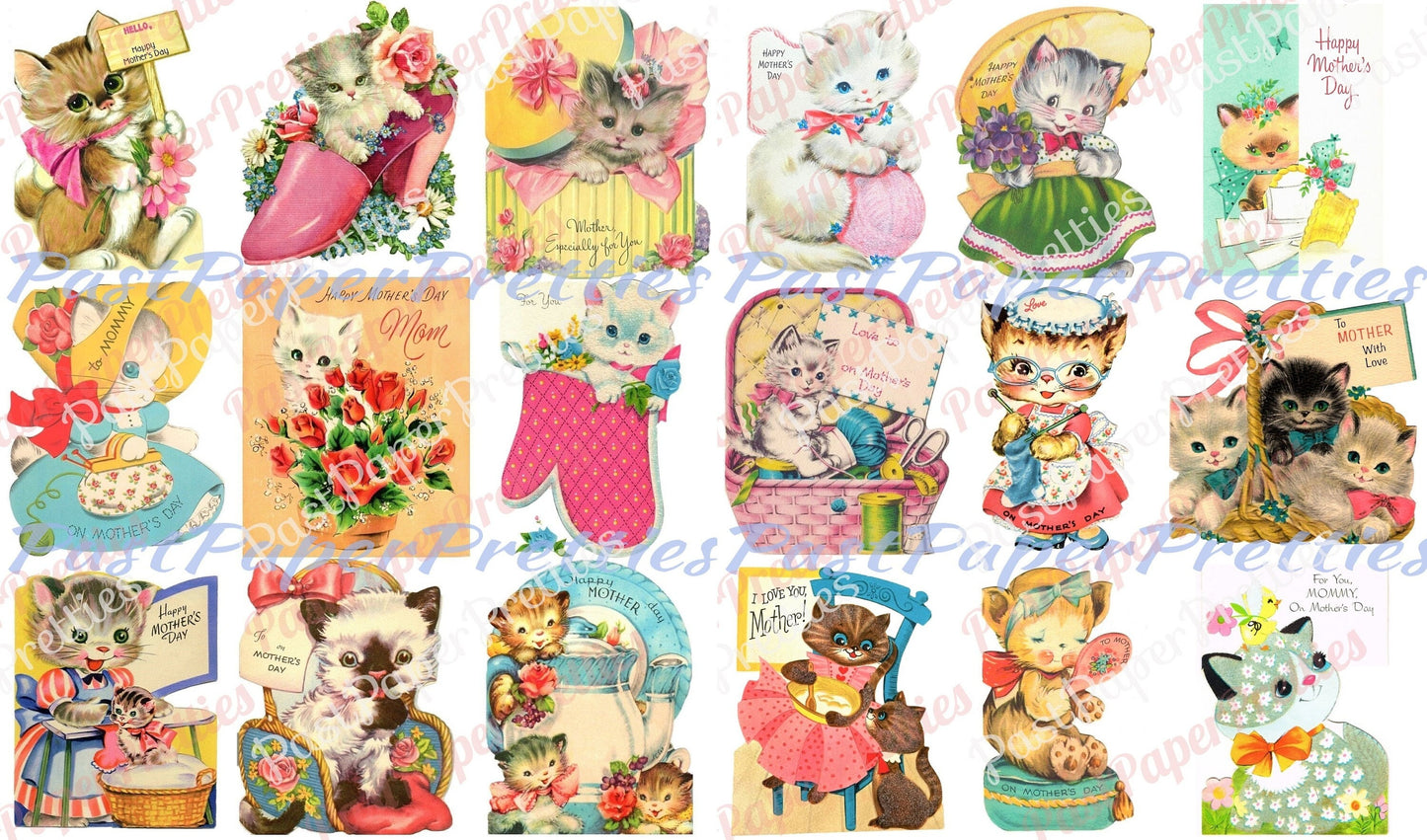 Vintage Printable Kitty Cats Happy Mothers Day Collage Sheets Card Images PDF Instant Digital Download ALL Cute Kitties Clip Art ATC Size