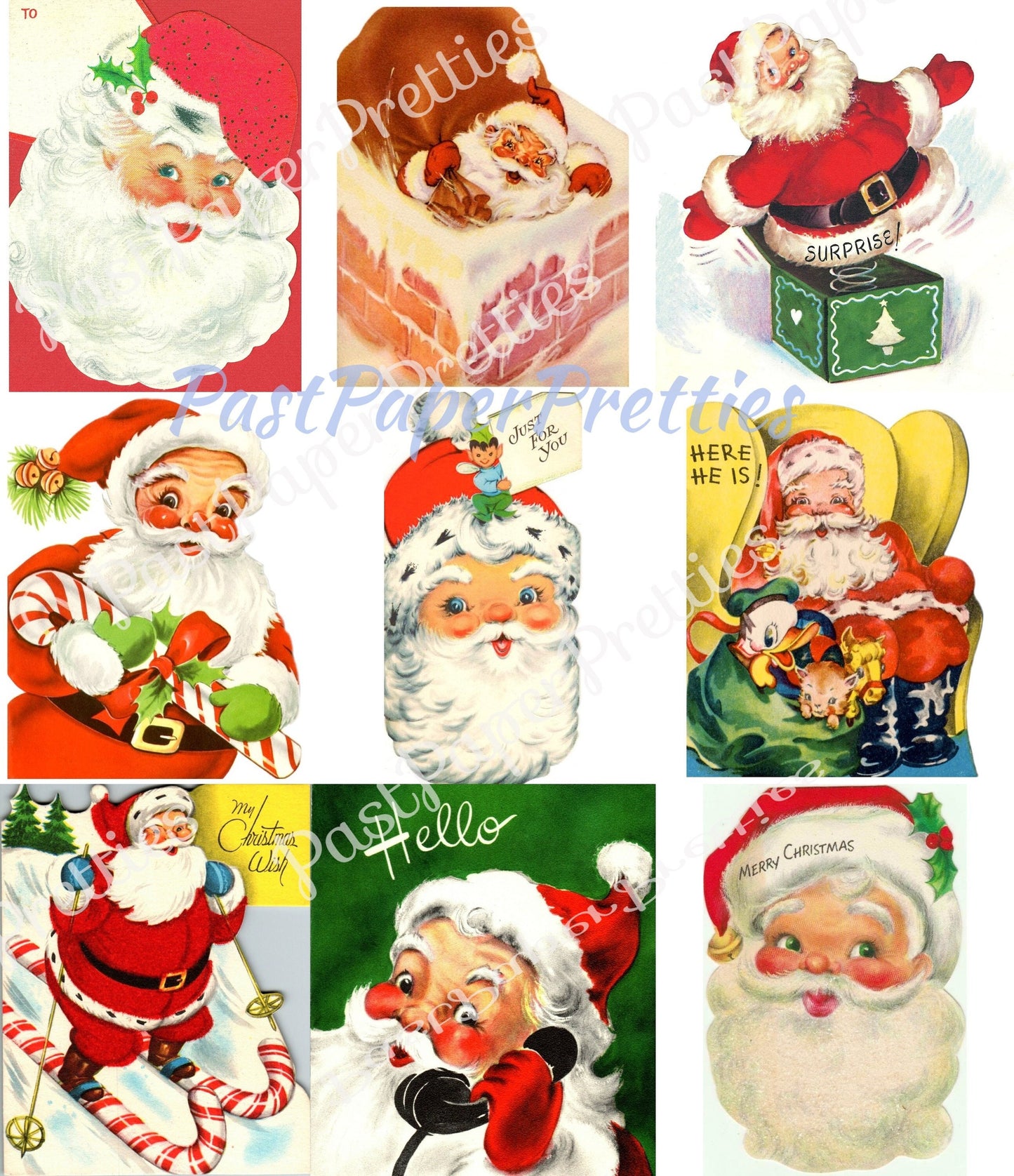 50 Vintage Printable Christmas Cards So Many Santas Collage Collection ALL Mid Century Santa Claus Images PDF Instant Digital Download