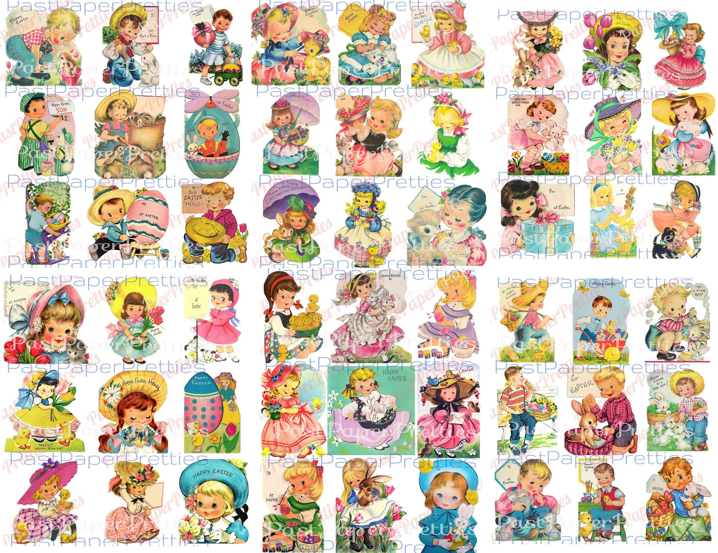 54 Vintage Printable Children Easter Cards Cute Little Girl and Boy Images PDF Instant Digital Download Kitsch Kawaii Kids Clip Art