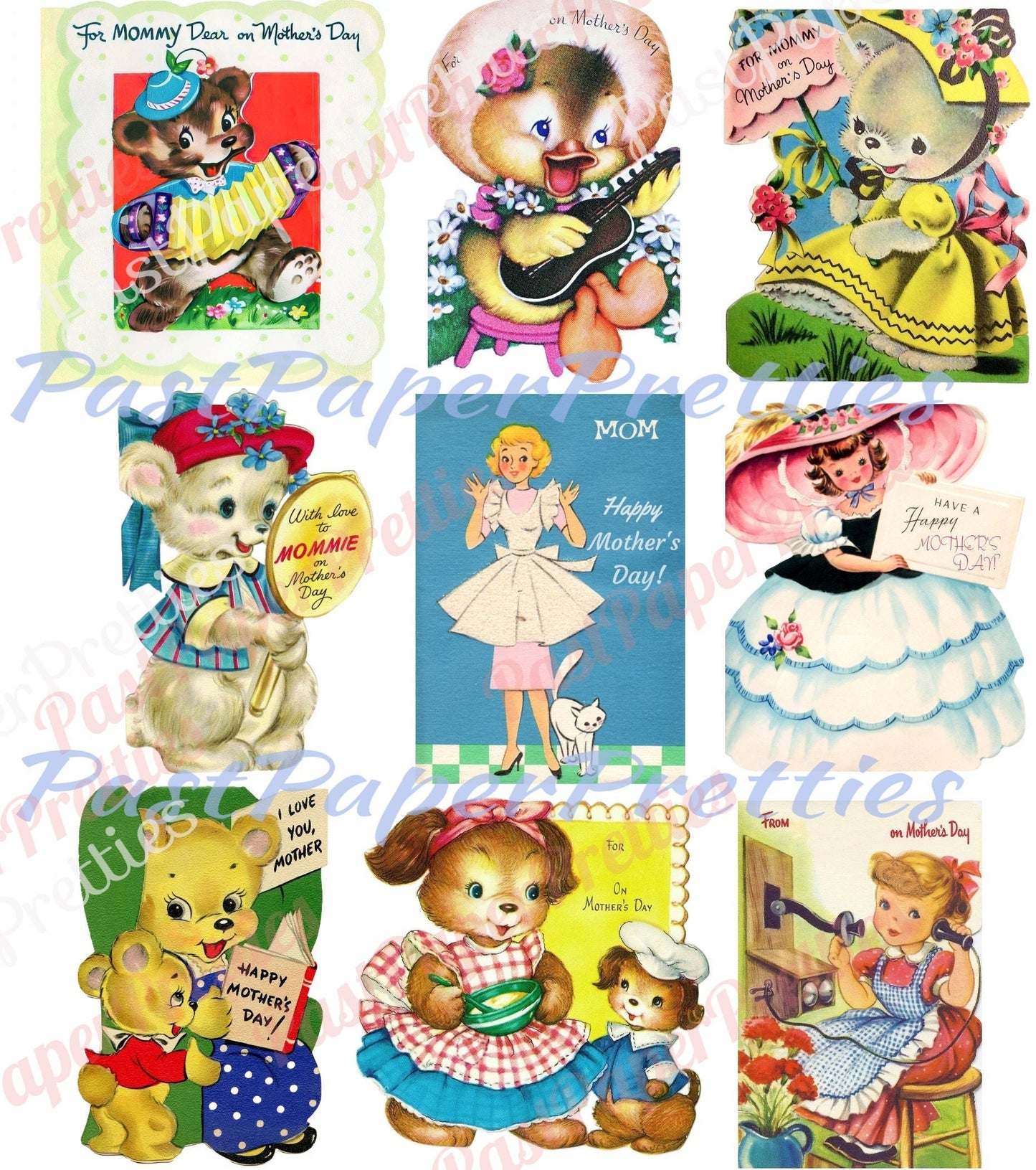 Vintage Printable Retro Happy Mothers Day Card Images Collage Sheets PDF Instant Digital Download Cute Animals Kids Mommy Clip Art ATC Size