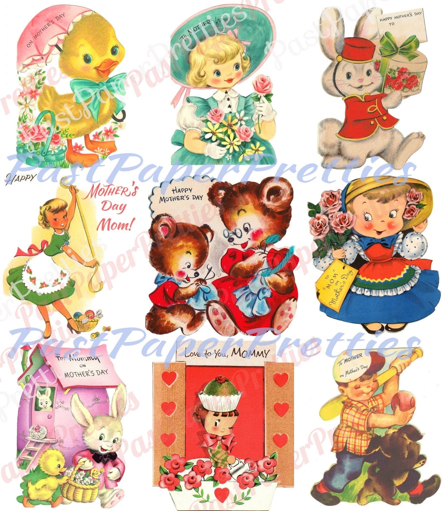 Vintage Printable Retro Happy Mothers Day Card Images Collage Sheets PDF Instant Digital Download Cute Animals Kids Mommy Clip Art ATC Size