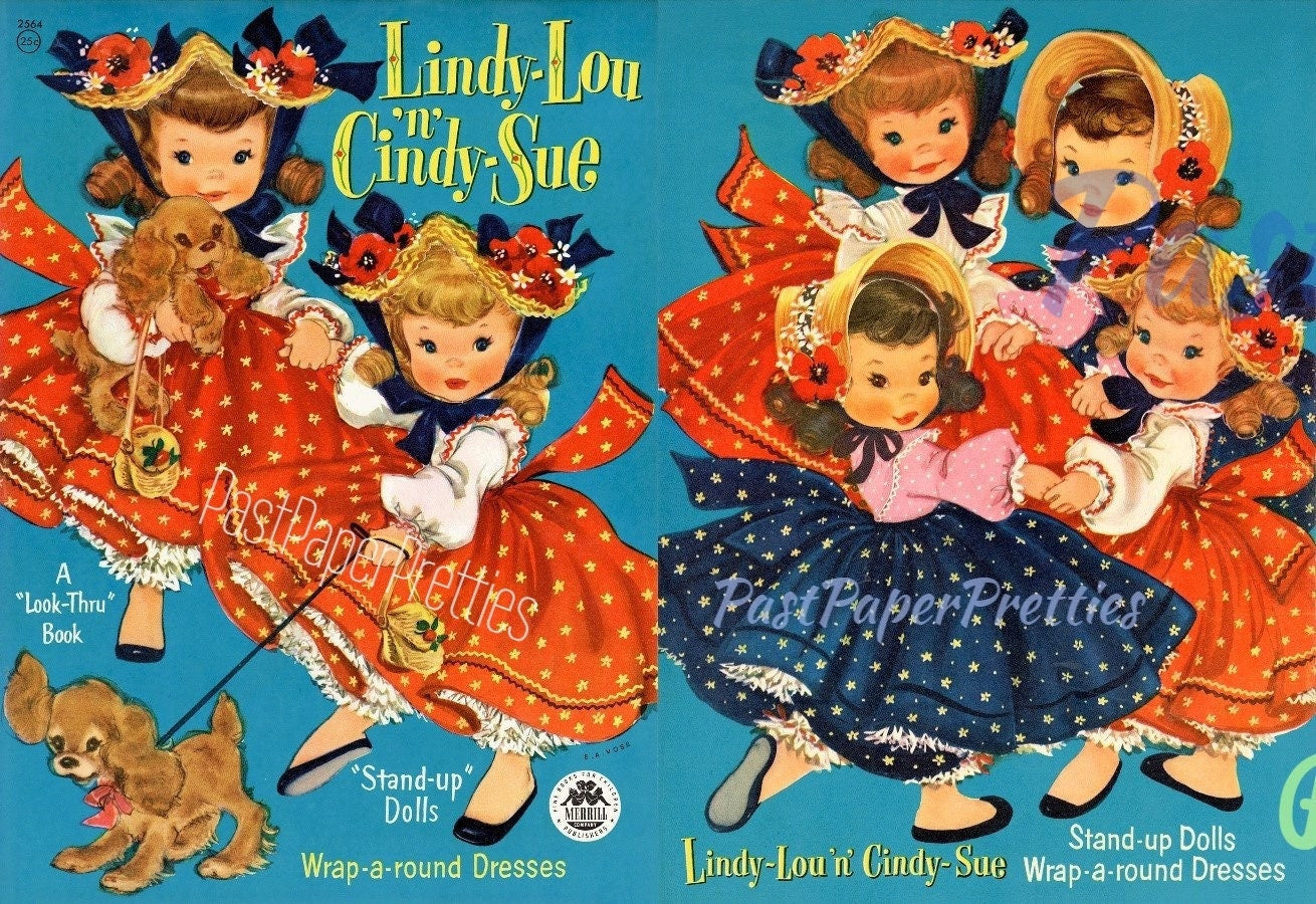 Vintage Paper Dolls Lindy-Lou 'n Cindy-Sue c. 1954 PDF Instant Digital Download Kitschy Cute Girls Wrap Around Dresses Printable Clip Art