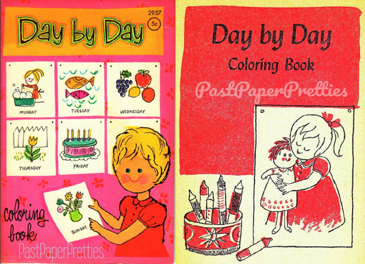 Vintage Printable Coloring Book Pages Day By Day c. 1962 PDF Instant Digital Download Cute Girl Days of The Week 48 Pages Clip Art
