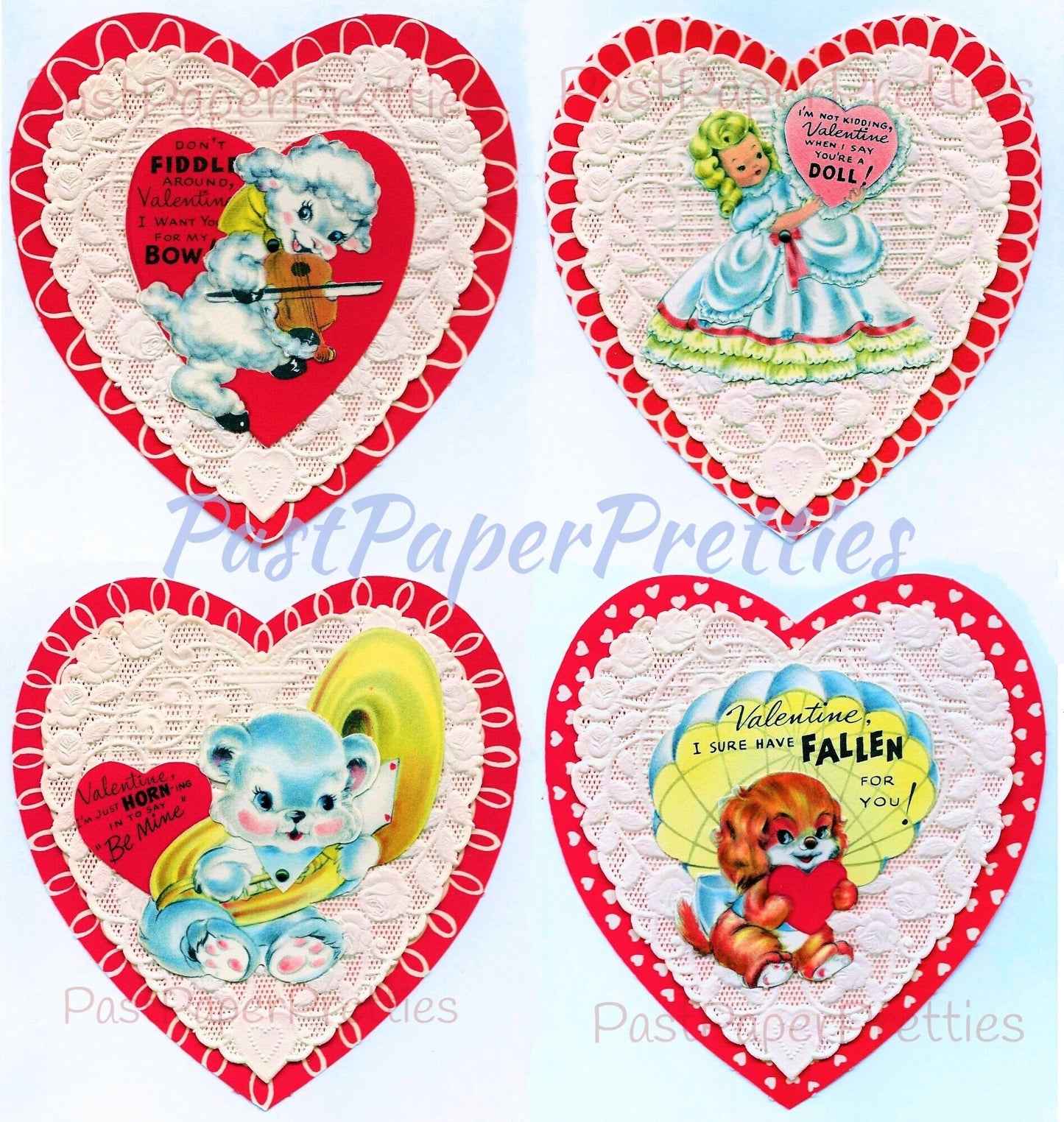 16 Vintage Printable Paper Doily Hearts Valentine Cards Adorable Animal and Objects Anthropomorphic Images PDF Instant Digital Download