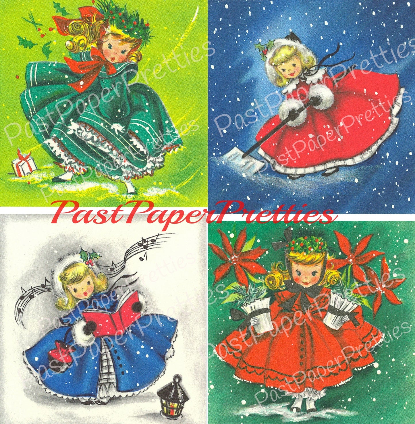 Vintage Printable Cute Christmas Belles Girls Christmas Card Images PDF Instant Digital Download Kitsch Little Miss Ladies Clip Art 1960s