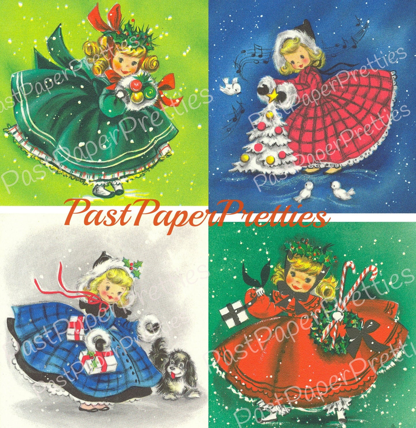 Vintage Printable Cute Christmas Belles Girls Christmas Card Images PDF Instant Digital Download Kitsch Little Miss Ladies Clip Art 1960s