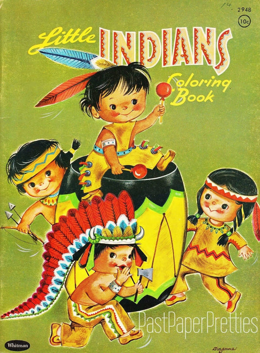 Vintage Printable Coloring Book Little Indians c. 1958 PDF Instant Digital Download Cute Native American Life Clip Art 32 Pages