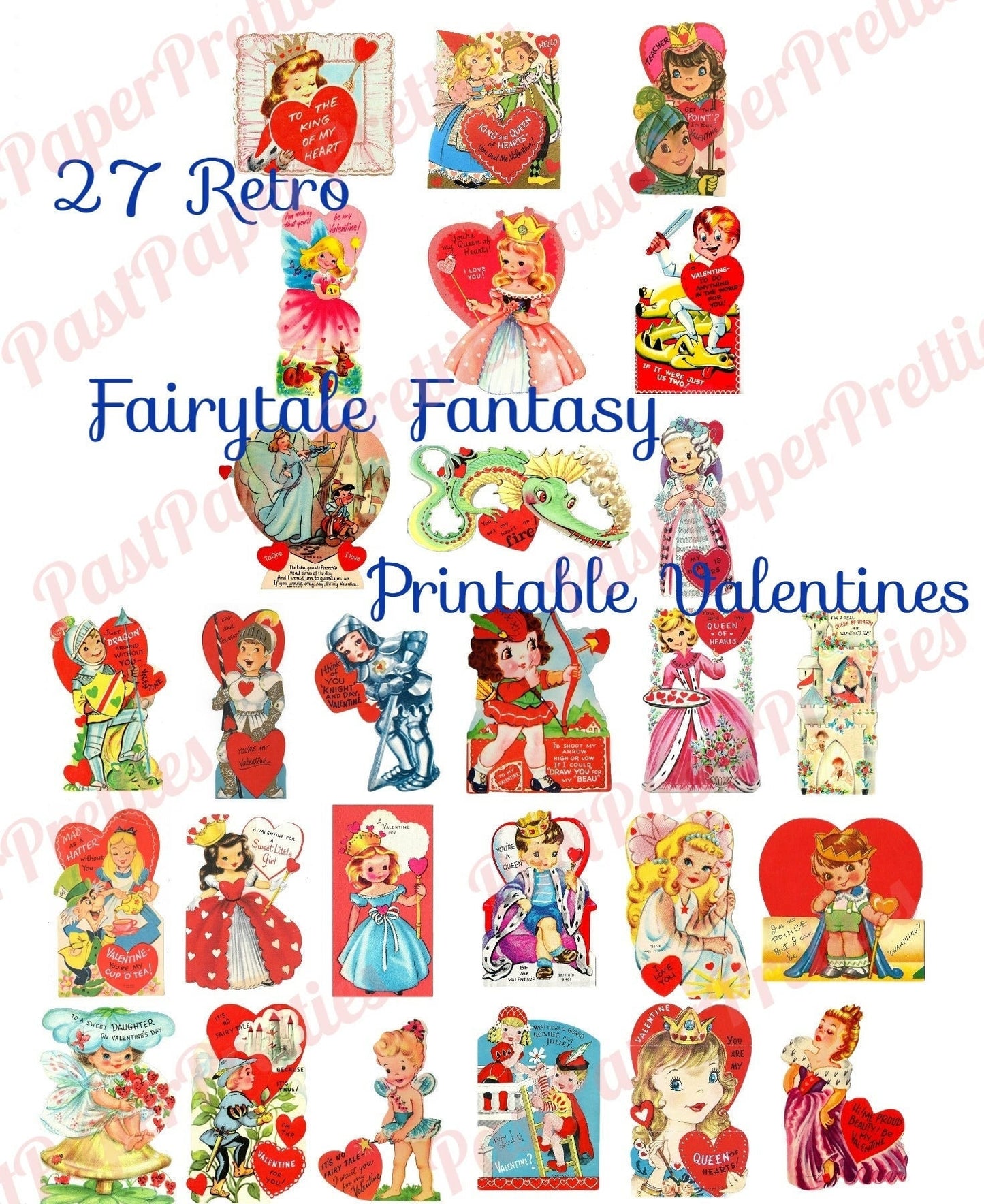 27 Vintage Fairytale Fantasy Valentine Cards Images King Queen Prince Princess Fairy Collage Sheets Printable PDF Instant Digital Download