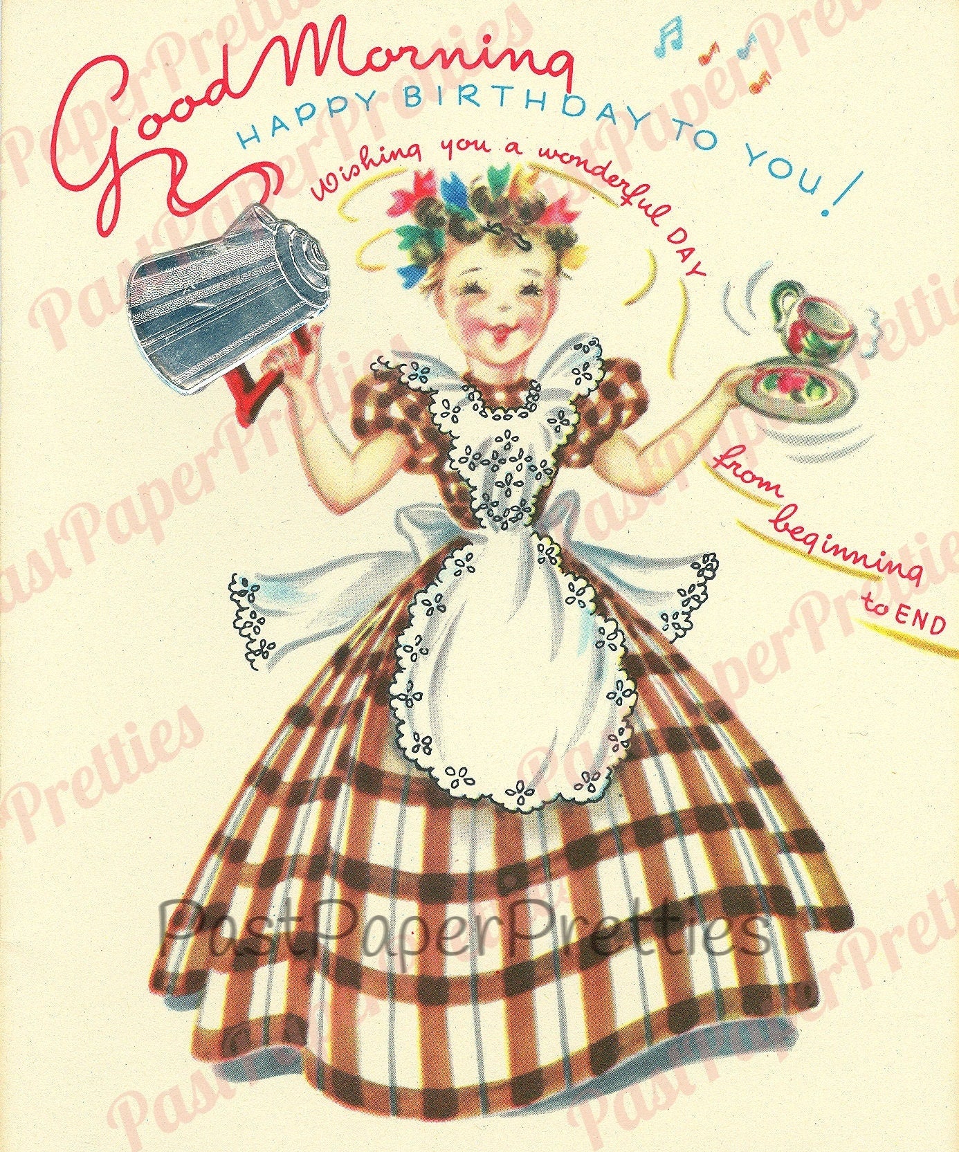 Vintage Printable Pretty Gingham Girls Happy Housewife All Occasion Greeting Card Images PDF Instant Digital Download Birthday Get Well