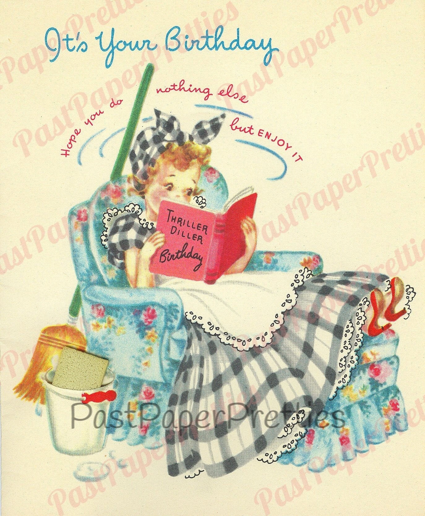 Vintage Printable Pretty Gingham Girls Happy Housewife All Occasion Greeting Card Images PDF Instant Digital Download Birthday Get Well