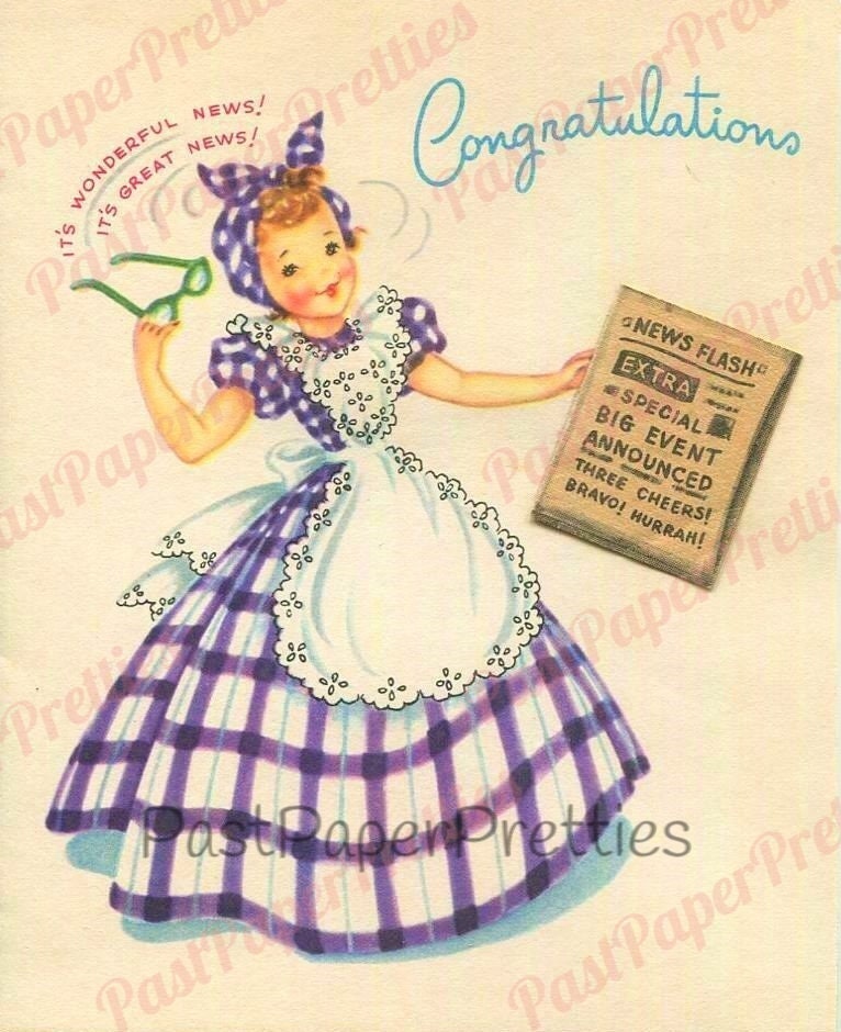 Vintage Printable Pretty Gingham Girls Happy Housewife All Occasion Greeting Card Images PDF Instant Digital Download Birthday Get Well