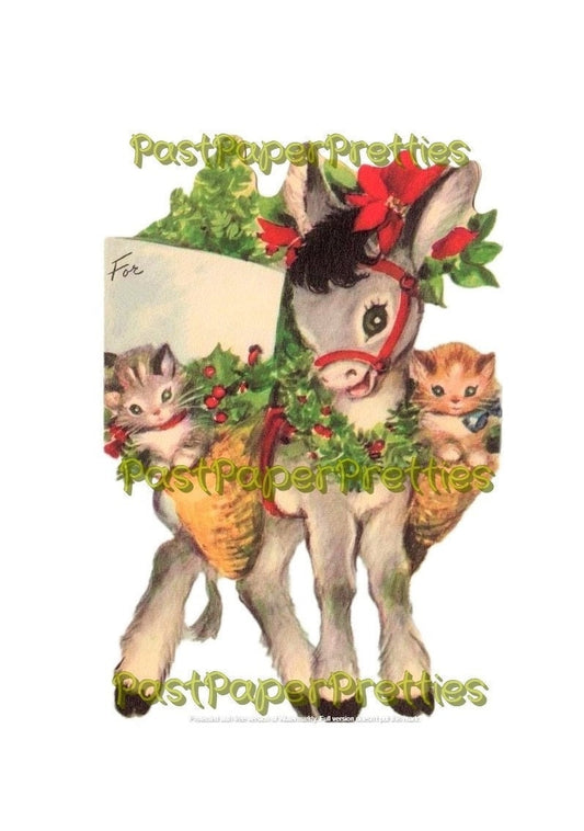 Vintage Printable Christmas Donkey Carrying Kittens Cute Card Image c. 1940s Instant Digital Download Kitsch Animal Clipart JPEG PNG