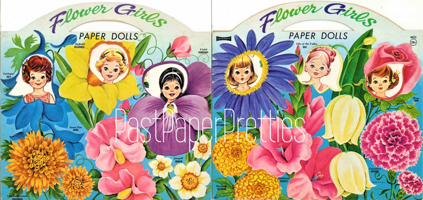 Vintage Paper Dolls Pretty Flower Girls c. 1960 Printable PDF Instant Digital Download Cute Seasonal Outfits for Every Month Kawaii Clip Art