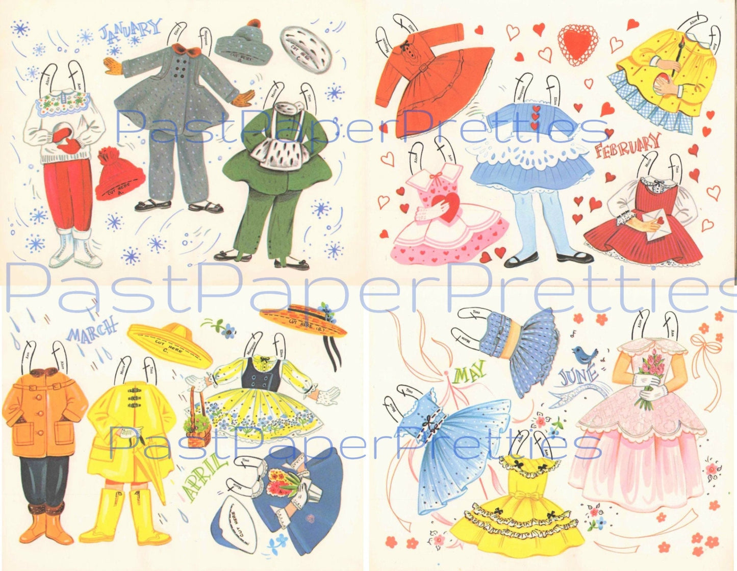 Vintage Paper Dolls Pretty Flower Girls c. 1960 Printable PDF Instant Digital Download Cute Seasonal Outfits for Every Month Kawaii Clip Art