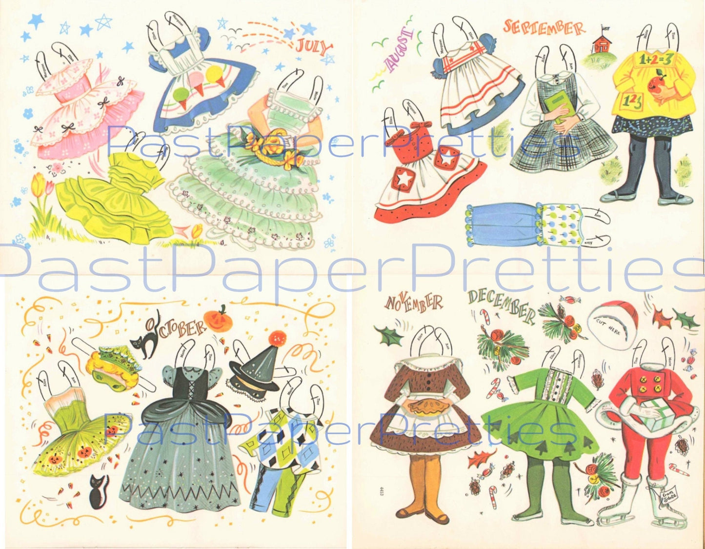 Vintage Paper Dolls Pretty Flower Girls c. 1960 Printable PDF Instant Digital Download Cute Seasonal Outfits for Every Month Kawaii Clip Art