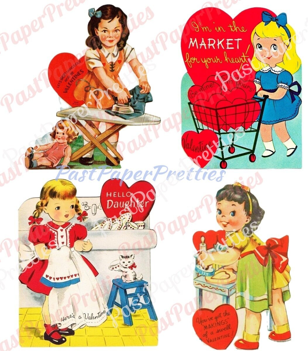 31 Vintage Retro Little Homemaker Themed Valentine Cards Cooking Cleaning Washing Collage Sheets Printable PDF Instant Digital Download