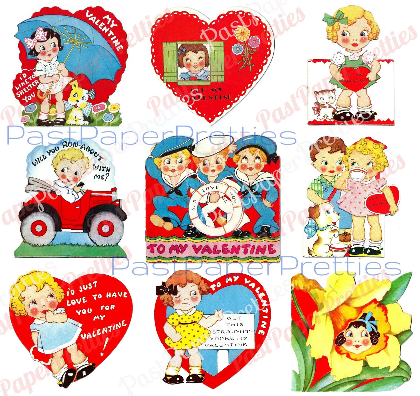 27 Vintage Big Eyed Children Valentine Cards Collage Sheets Cute Kitsch Girls Boys Printable PDF Instant Digital Download 1930s