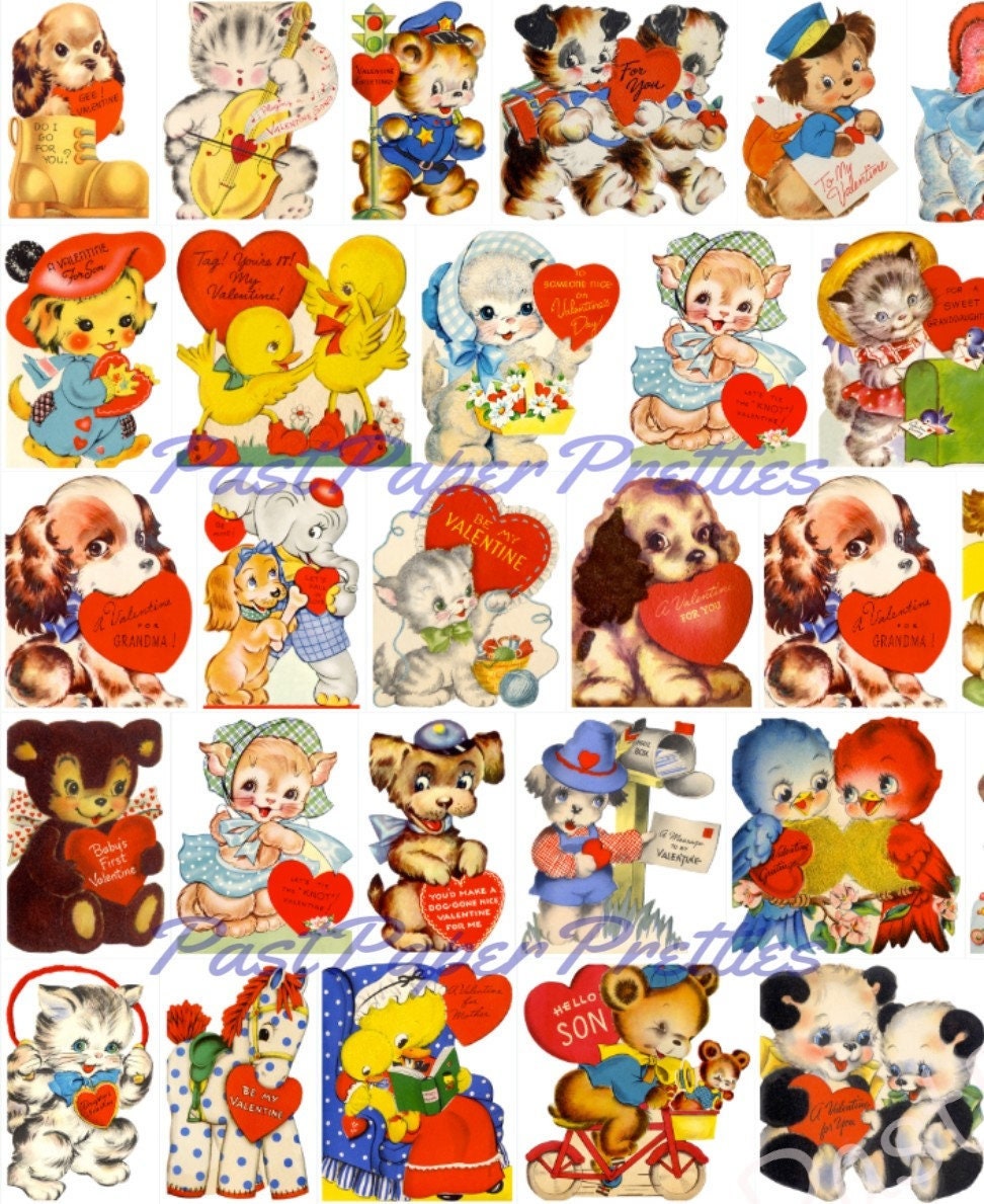 90 Vintage Animal Valentine Cards Adorable Cute Critters Images Printable Collages PDF Instant Digital Download Anthropomorphic Clip Art