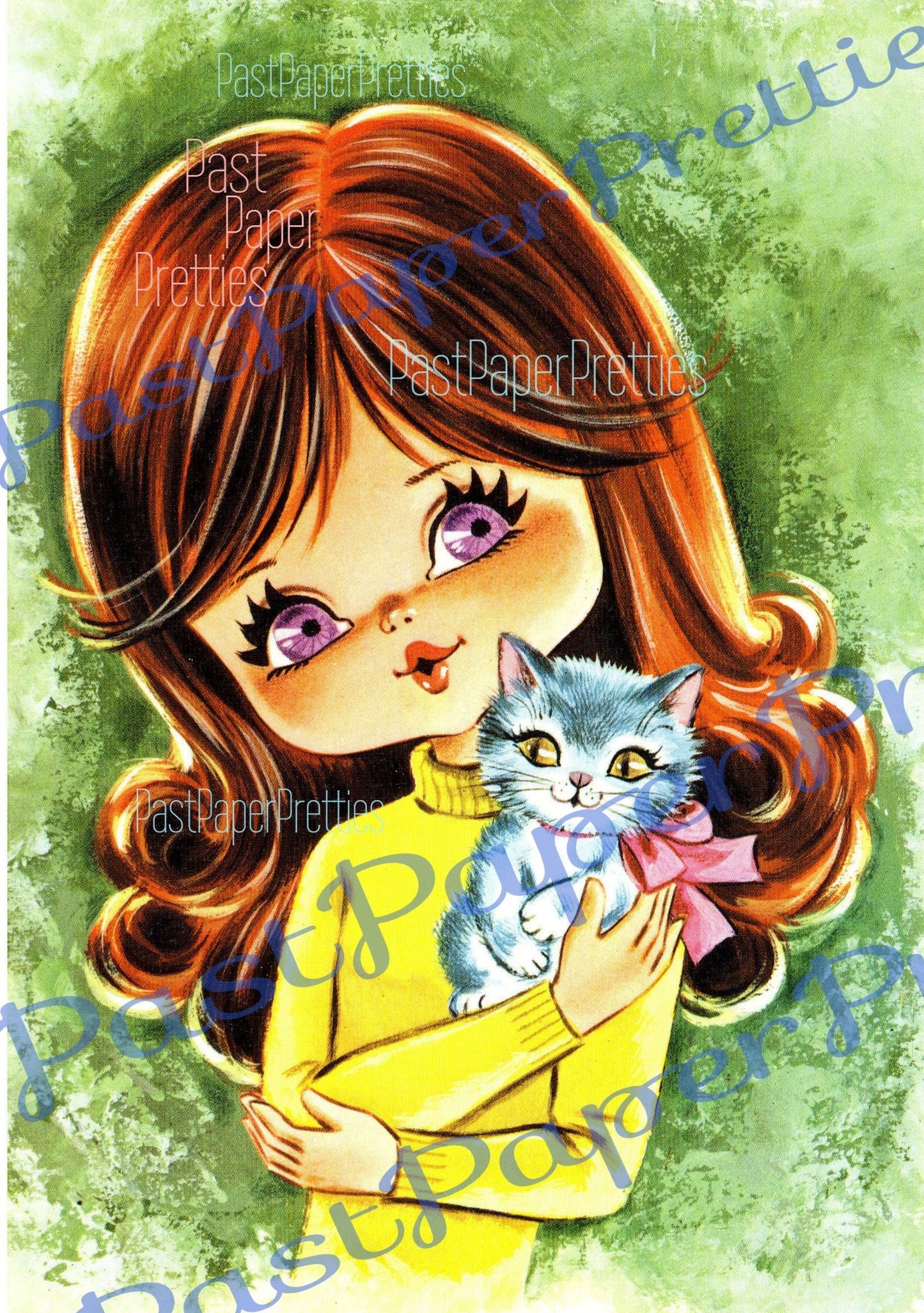 Vintage Printable Pretty Big Eyed Long Haired Girls and Pets 1970s Postcard Retro Swap Card Images PDF Instant Digital Download Mod Girls